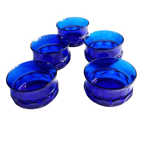 5 Indiana Glass thumbprint King's Crown Bowls Sherbet Cobalt Blue. - Picture 4 of 6